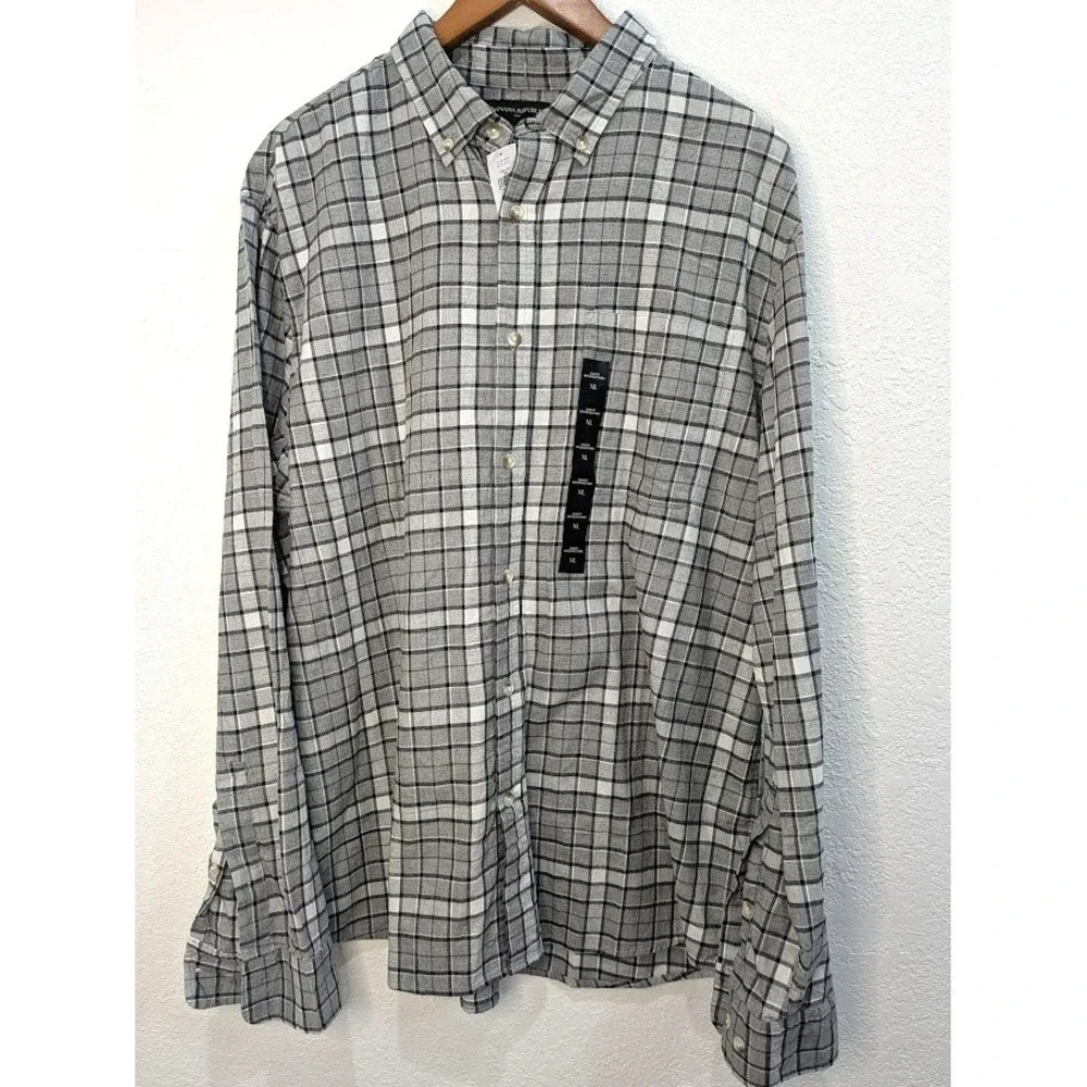 Banana Republic Shirt NEW Large‎ Plaid Button Down Slim Untucked Fit Black Gray